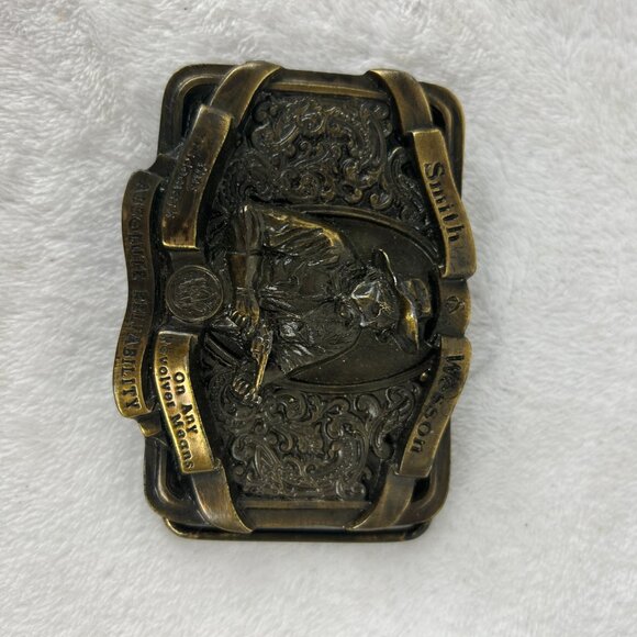 Vintage 1989 Smith & Wesson Bergamont Absolute Reliability Brass Belt Buckle - Picture 4 of 6